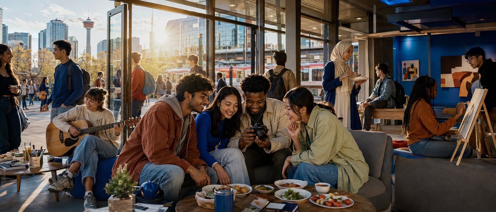International students sharing art, music, food and friendship in a downtown Calgary campus commons