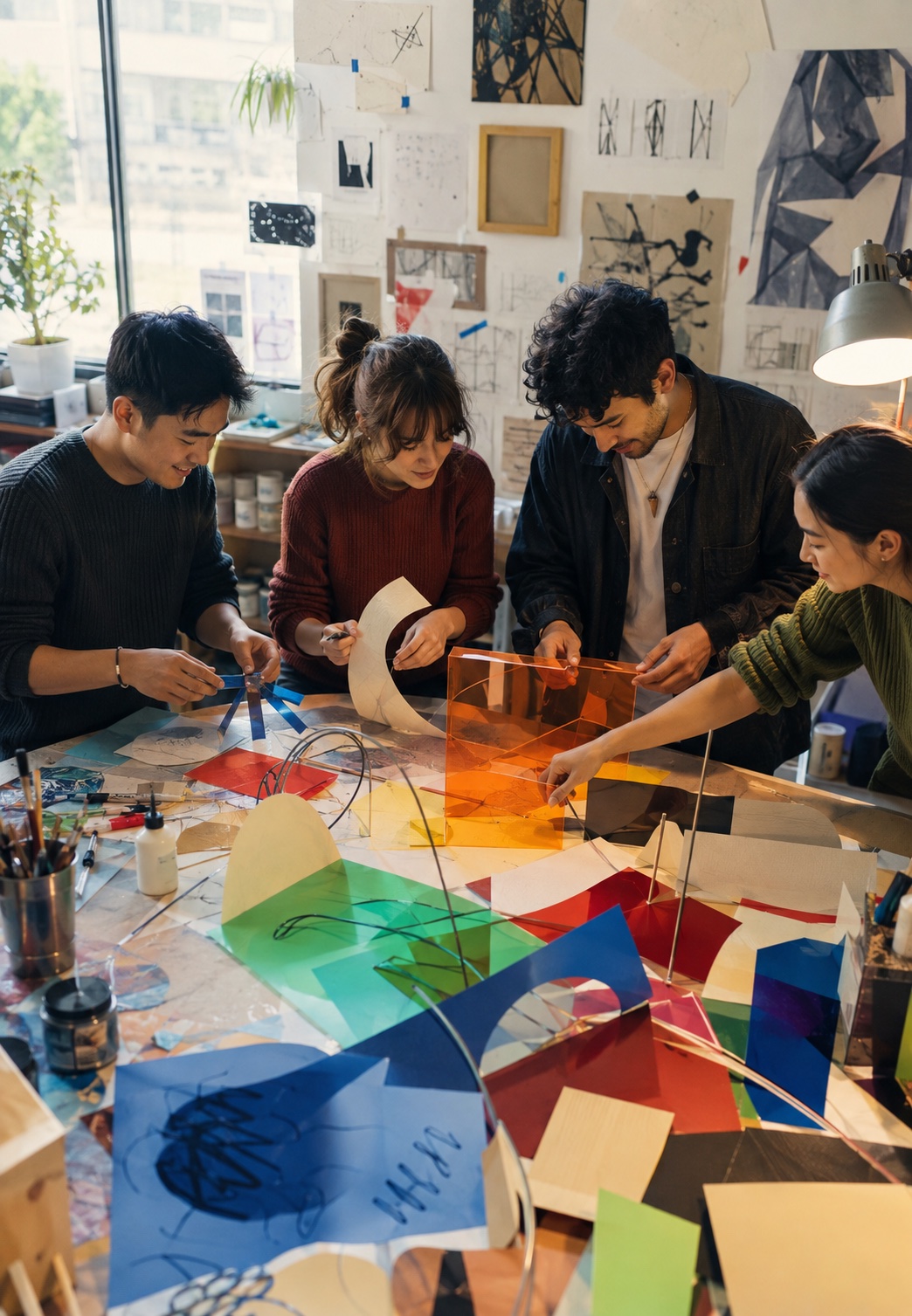 Students building a colorful mixed-media installation together