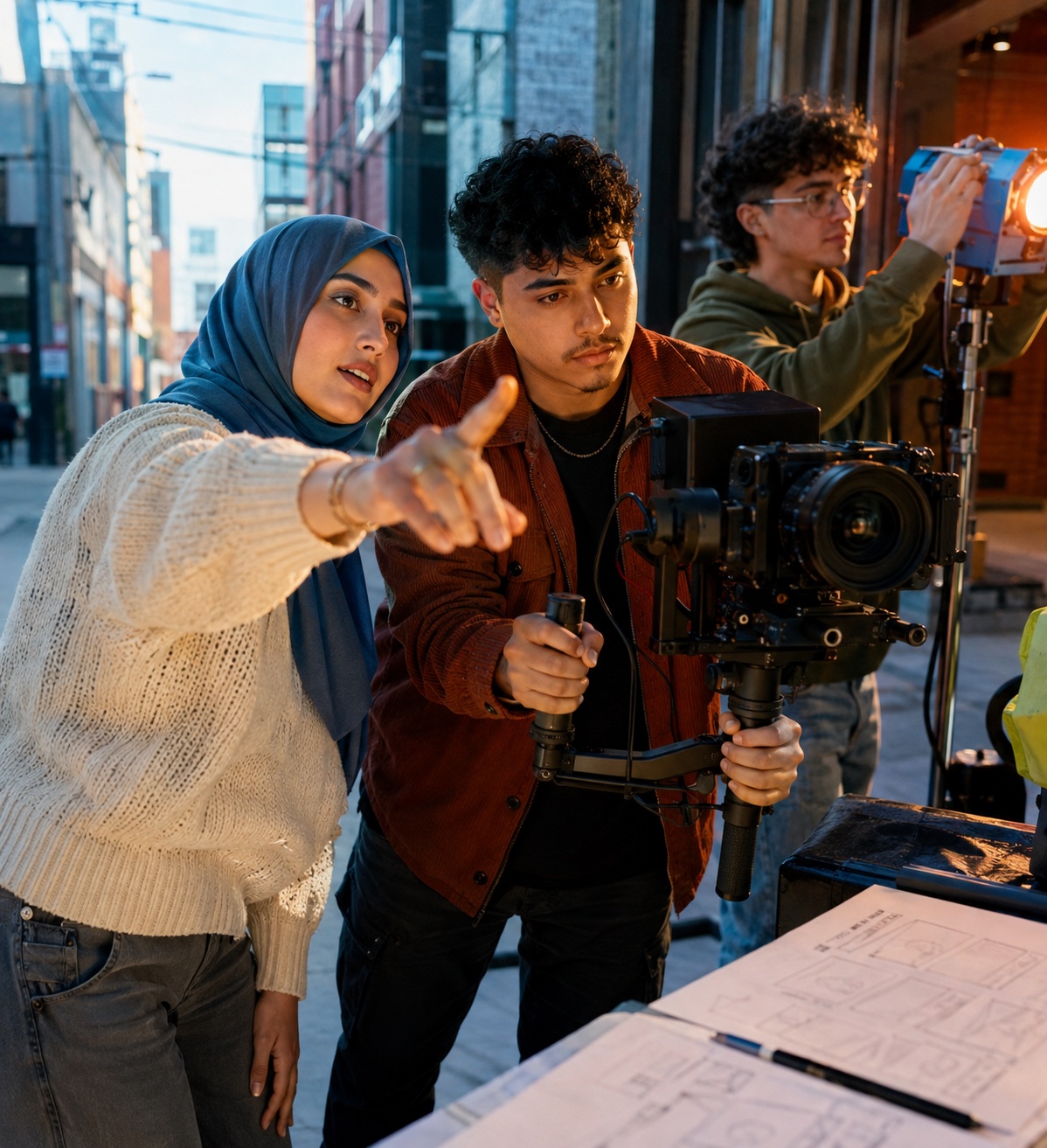 Student film crew collaborating on a downtown Calgary shoot