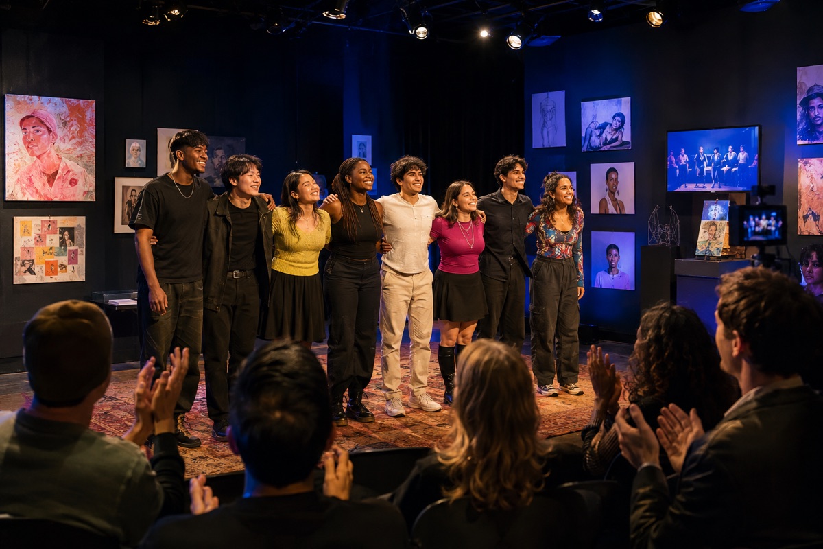 Student performers taking a celebratory bow at the end-of-term showcase