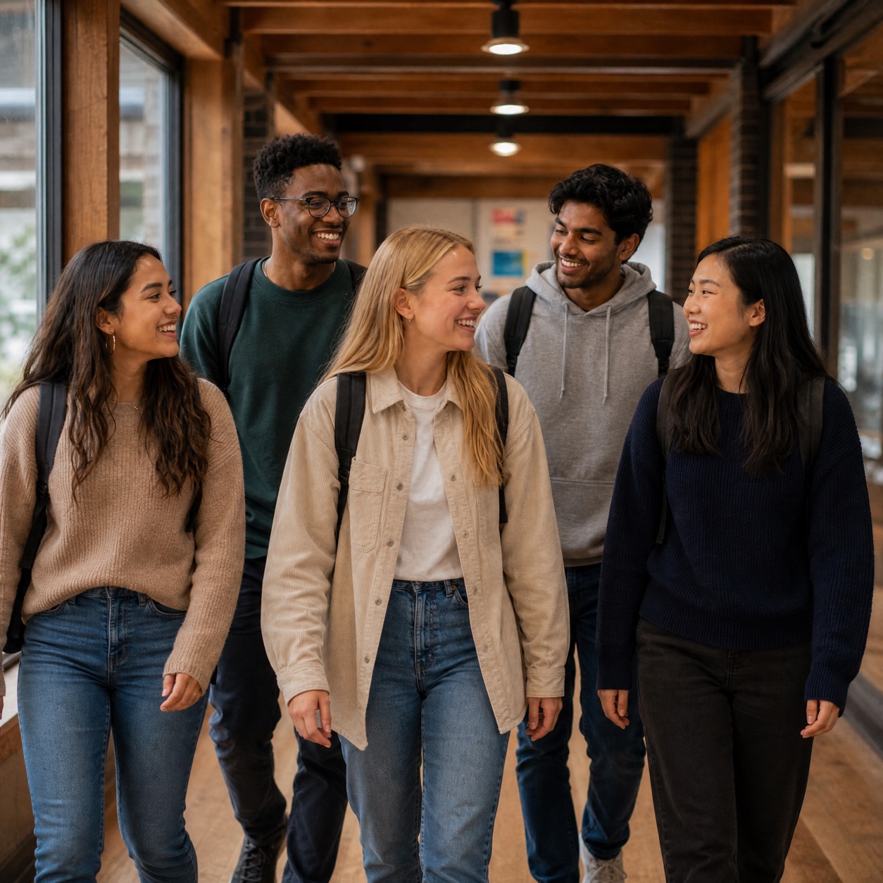 The blonde student connecting with a diverse group of college friends