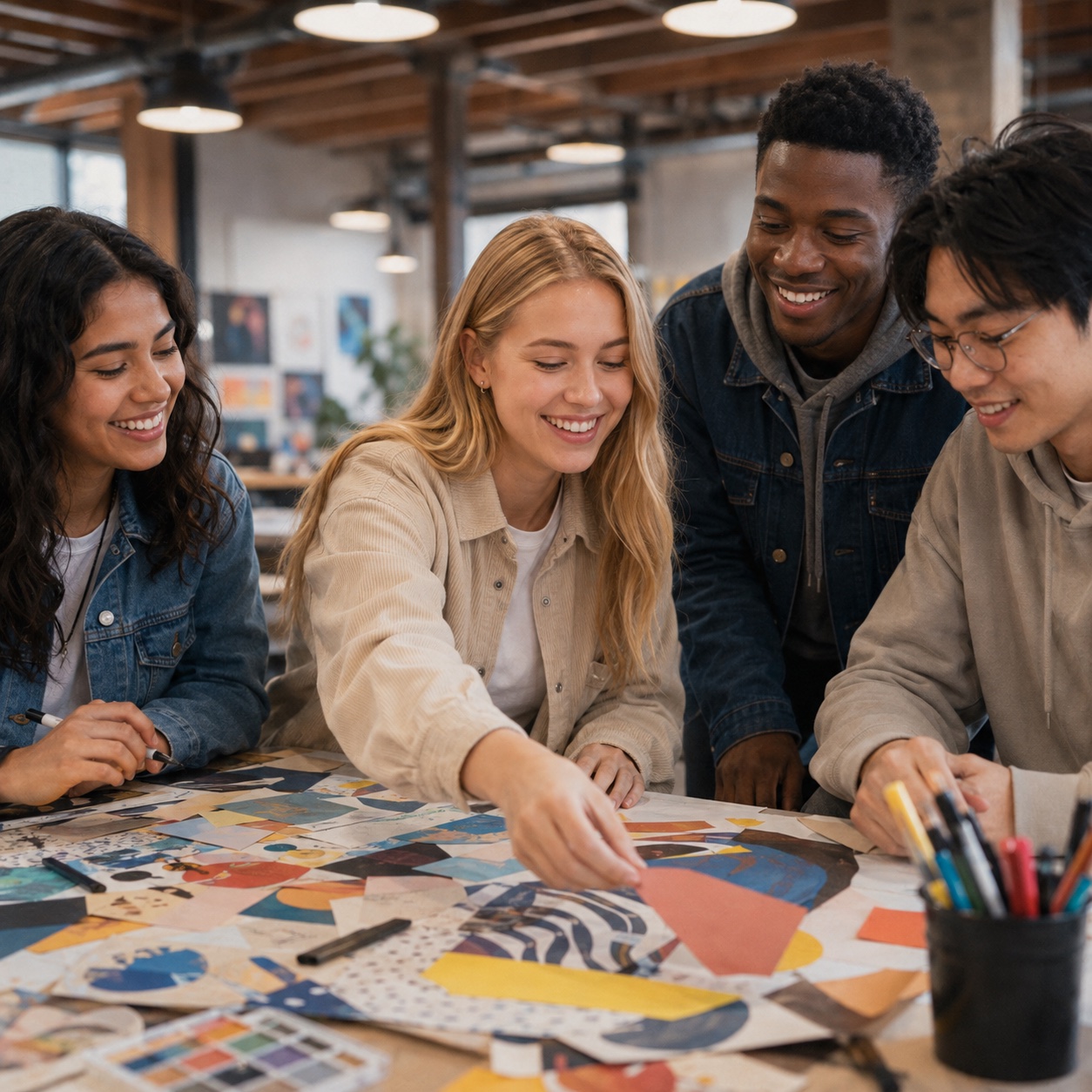 The blonde student joining friends in a creative workshop