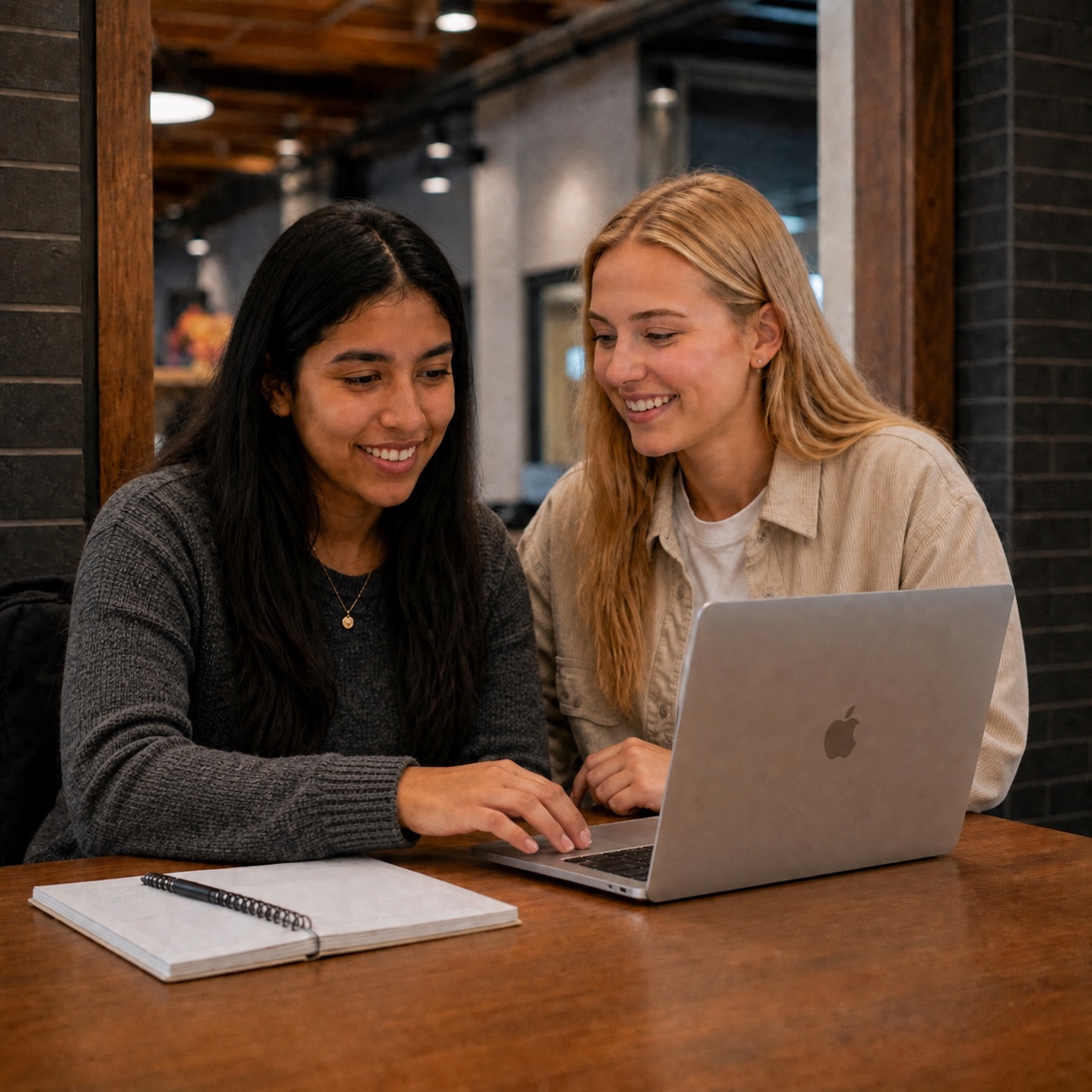 The blonde student and her Ukrainian friend completing an online activity registration together