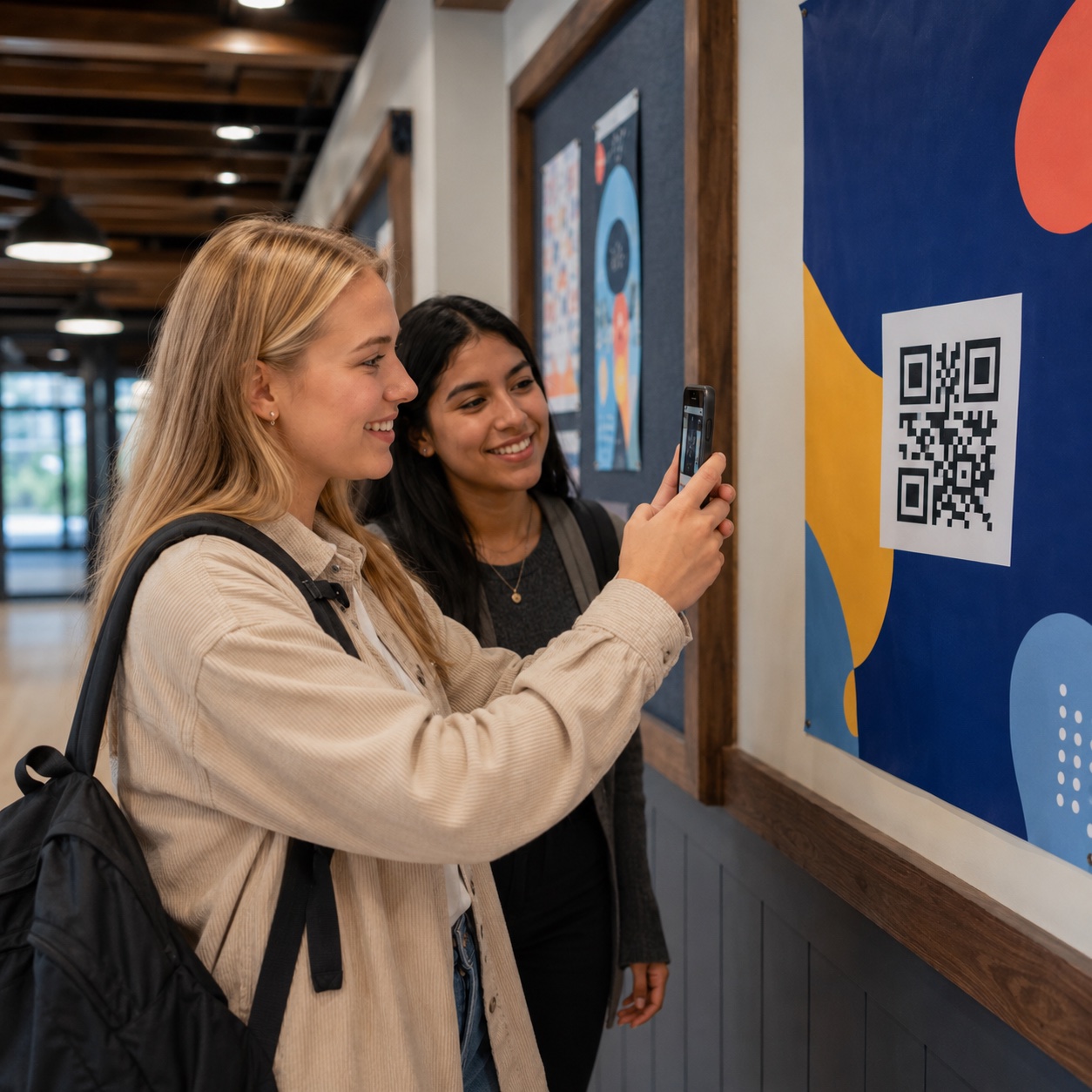The same blonde student scanning a QR code with a friend