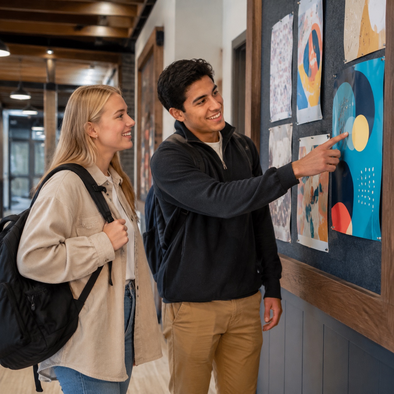 A blonde student and a friend discovering activities on a campus noticeboard