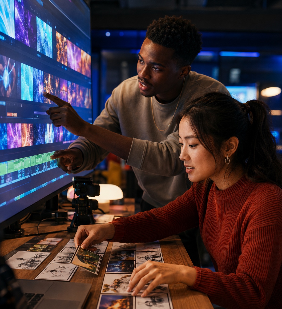 Students creating an AI-assisted short video in a media lab