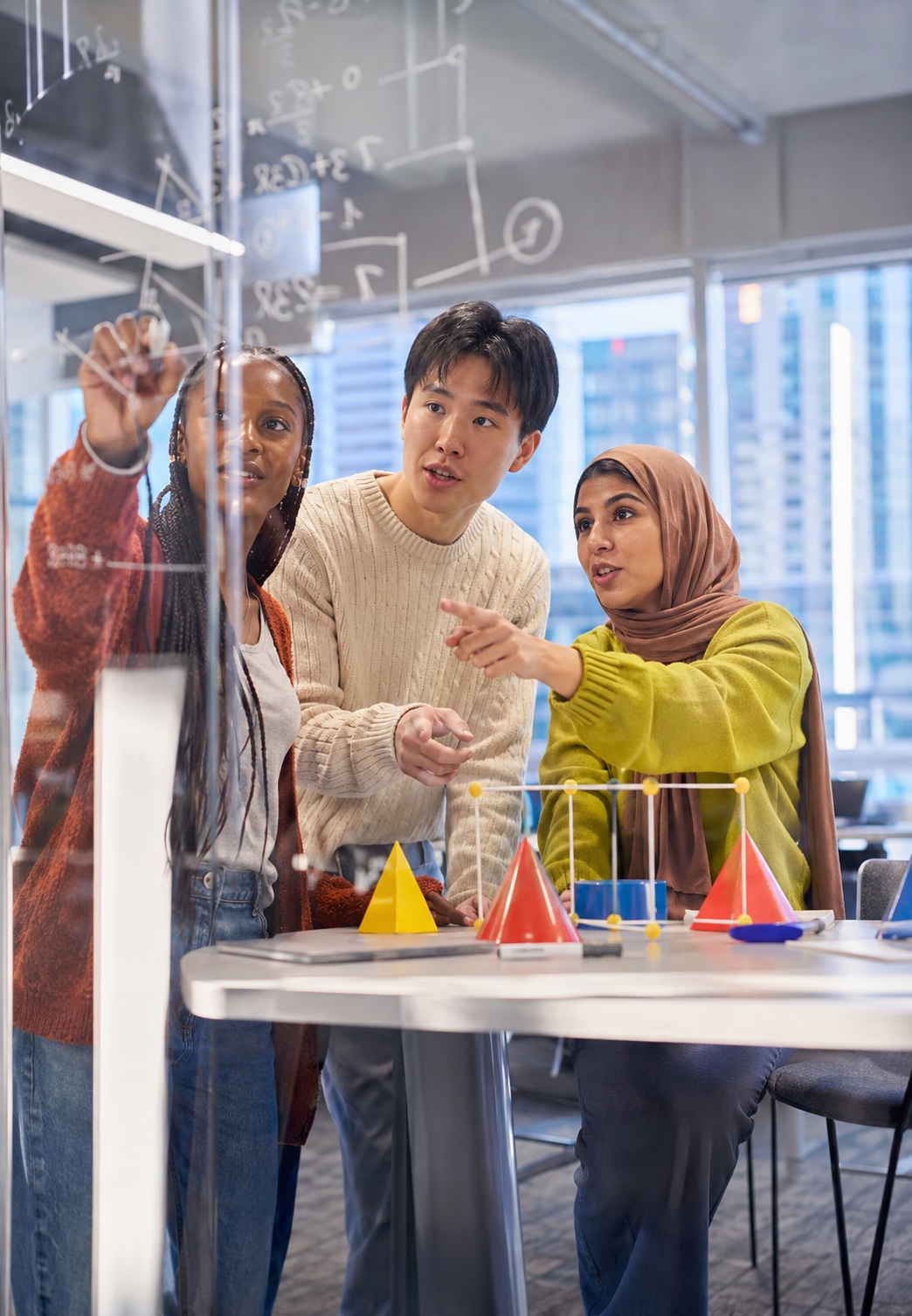 Students solving a visual math problem together in a Calgary learning lab
