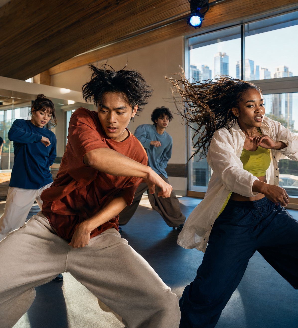 International students moving through a contemporary dance rehearsal