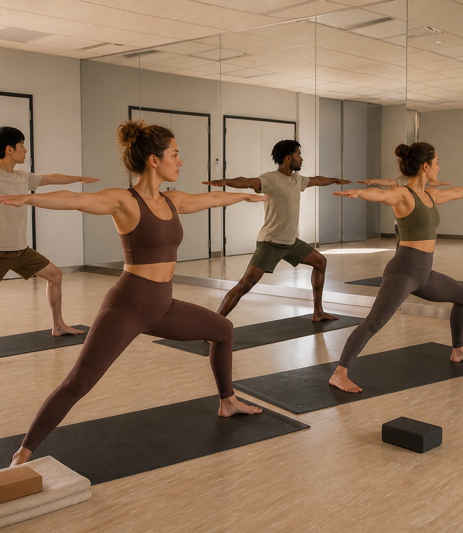 International students practicing sunrise yoga on a downtown Calgary rooftop