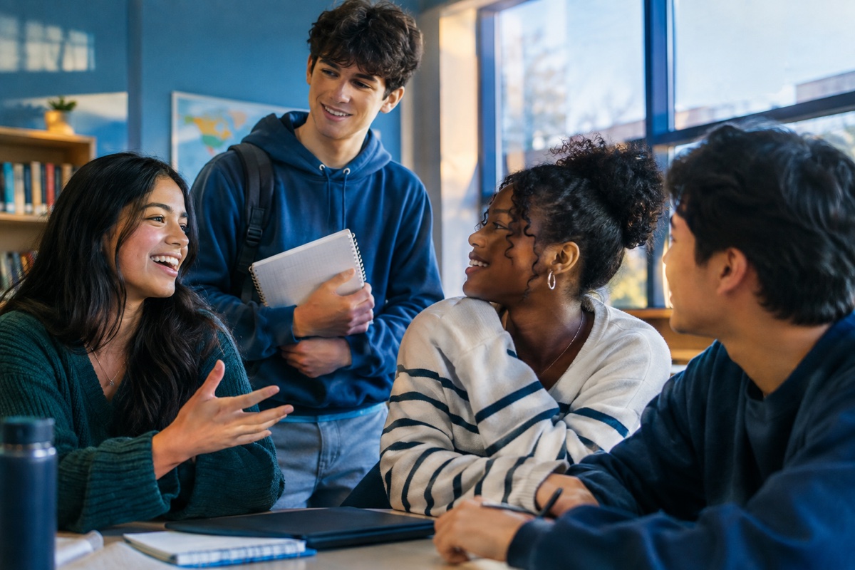 Four teenage students laughing while practicing Spanish conversation together in a bright classroom