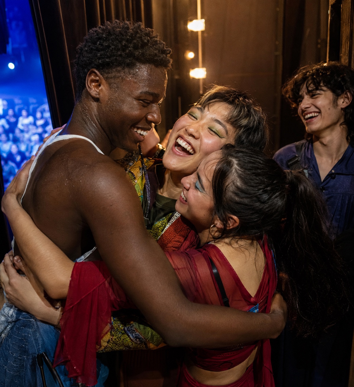 Performers celebrating together backstage after the student showcase