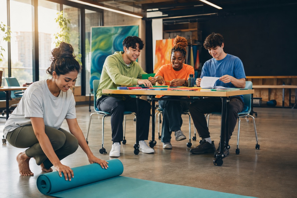 Students beginning the month with yoga, crafts, and collaborative study