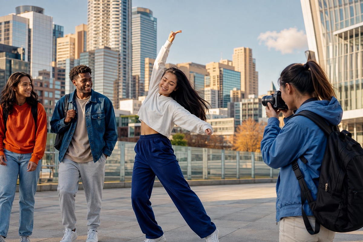 Students combining dance and photography on a downtown Calgary walk