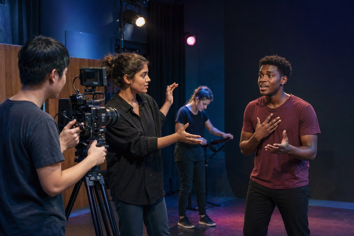 Students filming an expressive musical-theatre performance in a media studio