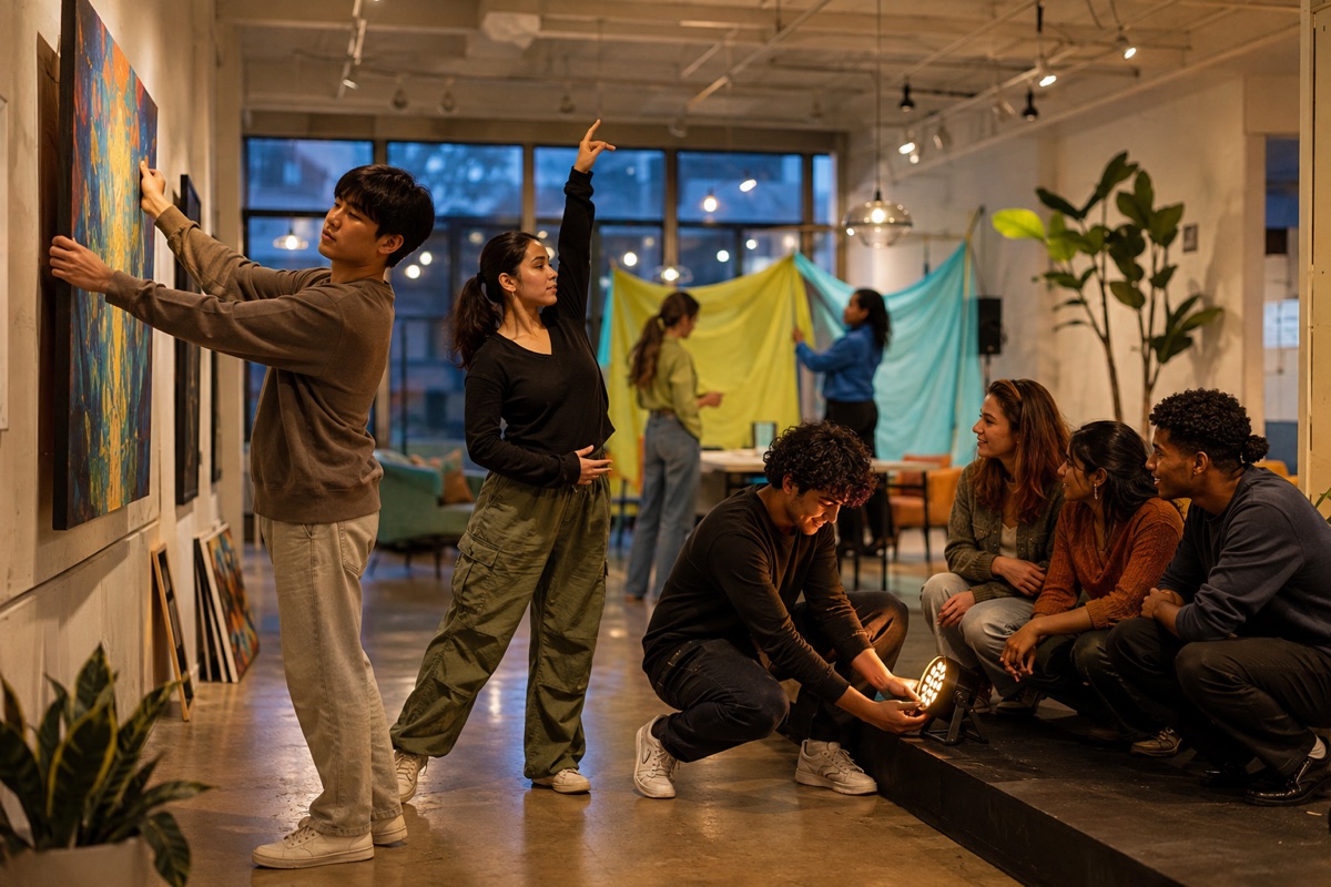 Students preparing artwork, movement, and stage lighting for community night
