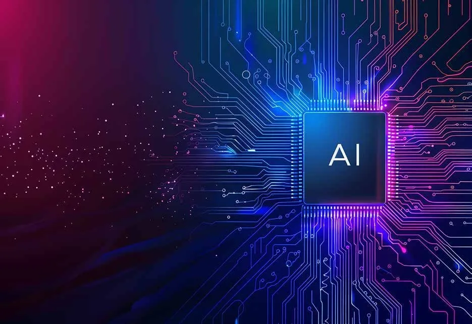 An AI chip illustration with blue and violet circuitry
