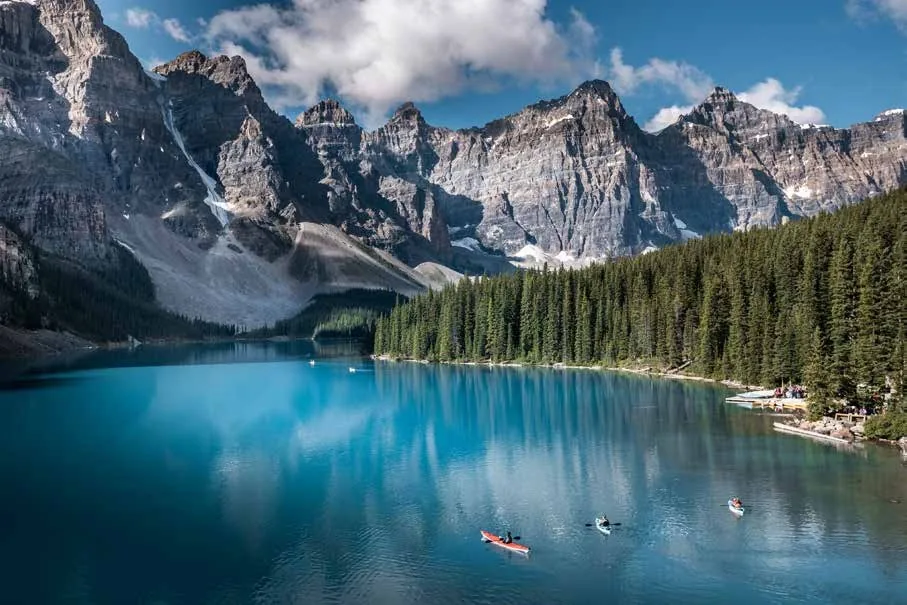 Turquoise water beneath the Canadian Rockies in Alberta