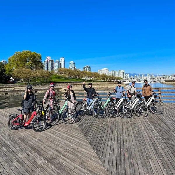 Friends exploring the Vancouver waterfront on bicycles