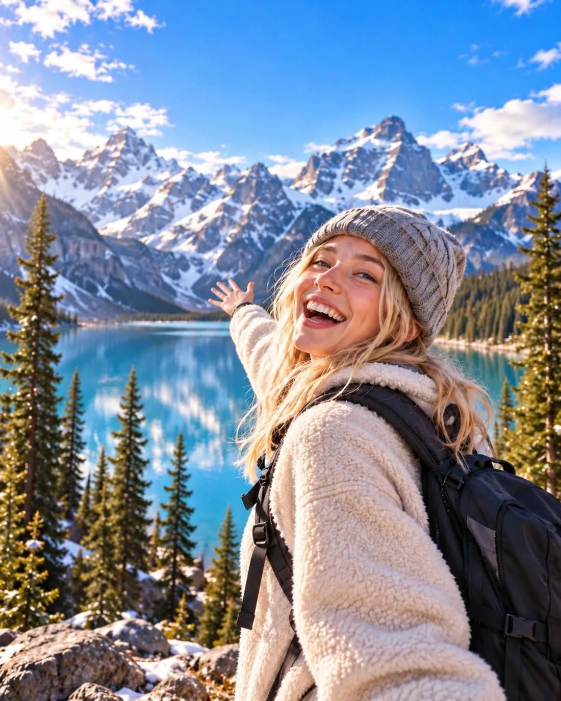 A smiling traveller beside an alpine lake and Canadian mountains